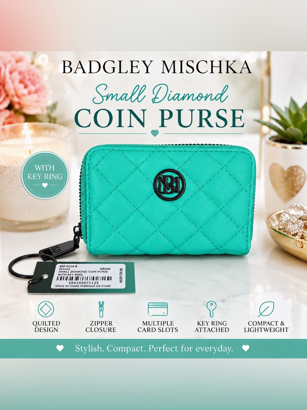 BADGLEY MISCHKA Quilted Small Coin Purse with keychain in Teal